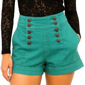 Vintage Y2K Blue High Waisted Shorts Hot Pants Button Up Turquoise Teal Retro 0